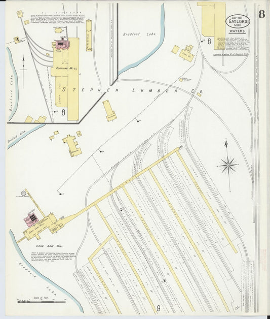 Sanborn Fire Insurance Map from Gaylord, Otsego County, Michigan (1907), Sheet #0008 - Historic Sanborn Fire Insurance Map Print, vintage old map wall art, antique decor, genealogy gift, Michigan Michigan map