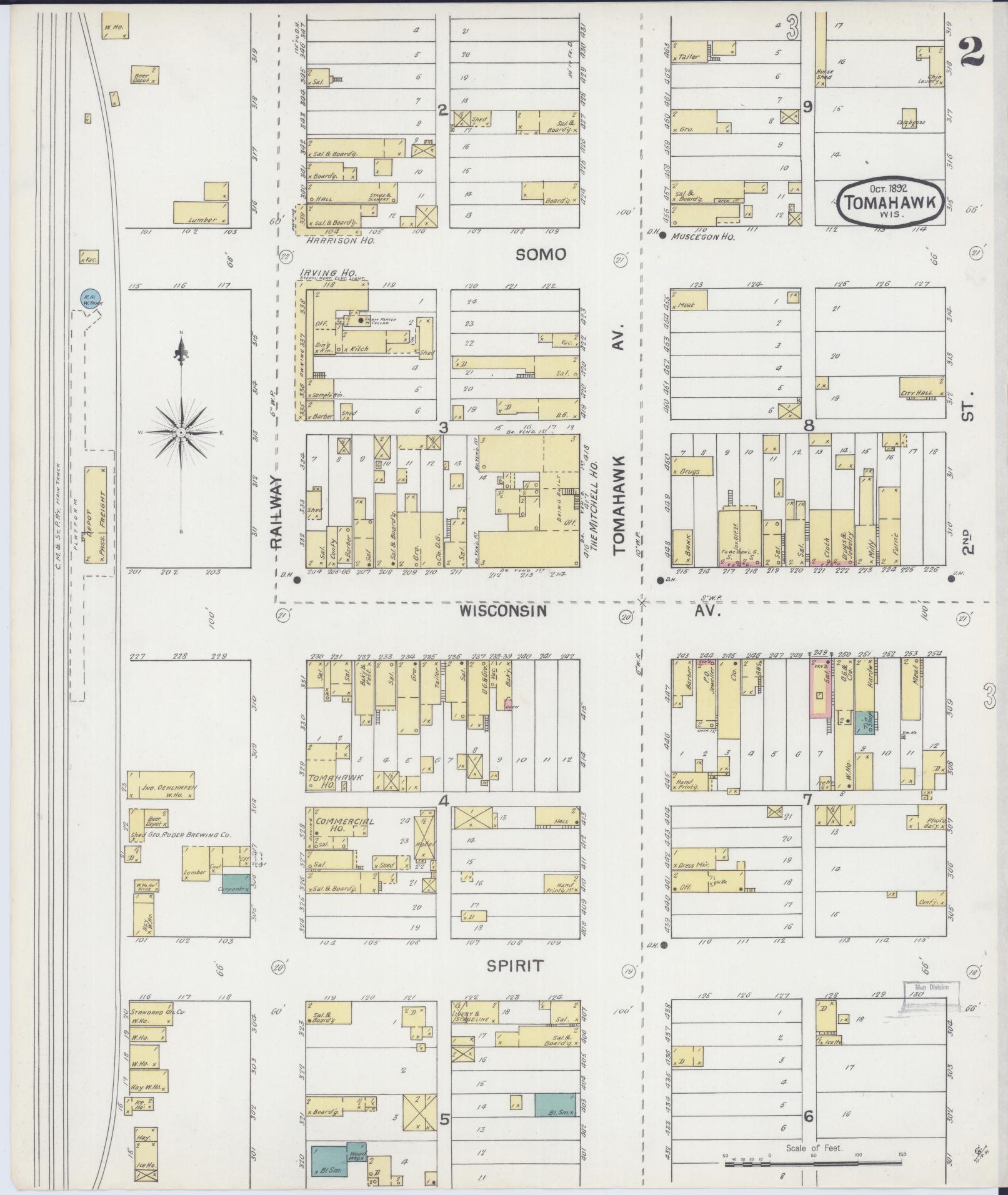 Sanborn Fire Insurance Map from Tomahawk, Lincoln County, Wisconsin (1892), Sheet #0002 - Complete Map Set gallery image, historic Sanborn map, vintage wall art, Wisconsin Wisconsin