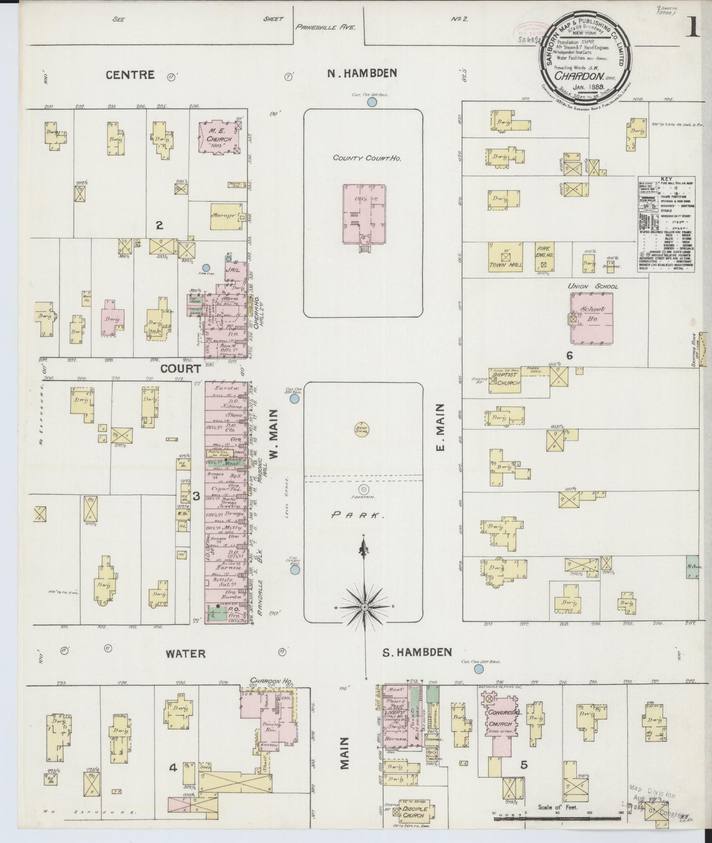Sanborn Fire Insurance Map from Chardon, Geauga County, Ohio (1889), Sheet #0001 - Historic Sanborn Fire Insurance Map Print, vintage old map wall art, antique decor, genealogy gift, Ohio Ohio map