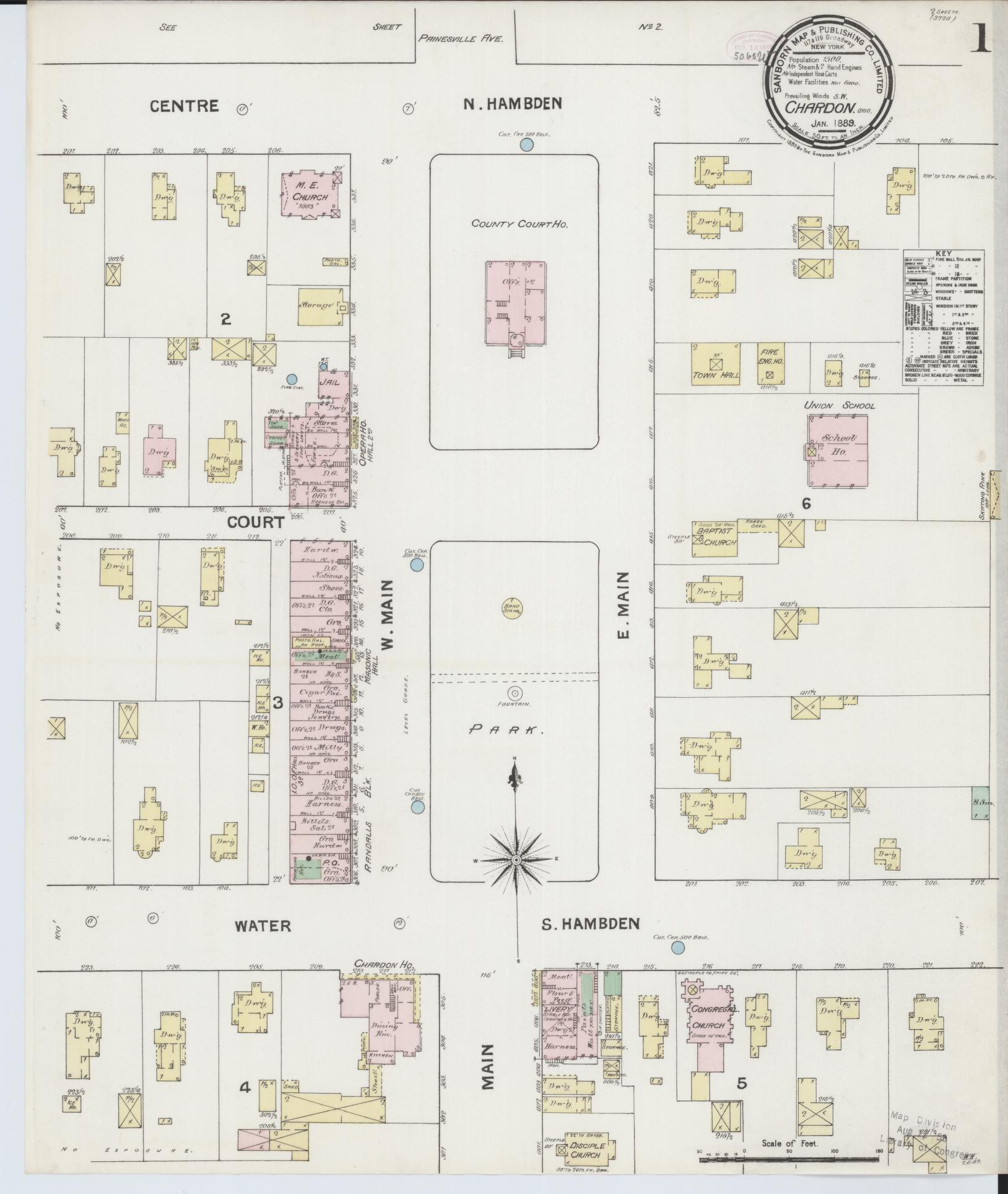 Sanborn Fire Insurance Map from Chardon, Geauga County, Ohio (1889), Sheet #0001 - Historic Sanborn Fire Insurance Map Print, vintage old map wall art, antique decor, genealogy gift, Ohio Ohio map