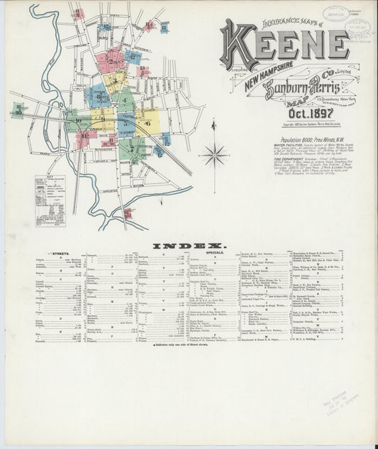 Sanborn Fire Insurance Map from Keene, Cheshire County, New Hampshire (1897), Sheet #0001 - Historic Sanborn Fire Insurance Map Print, vintage old map wall art, antique decor, genealogy gift, New Hampshire New Hampshire map