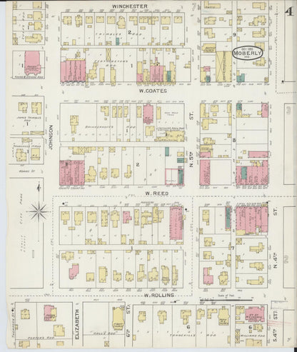 Sanborn Fire Insurance Map from Moberly, Randolph County, Missouri (1893), Sheet #0004 - Historic Sanborn Fire Insurance Map Print, vintage old map wall art, antique decor, genealogy gift, Missouri Missouri map