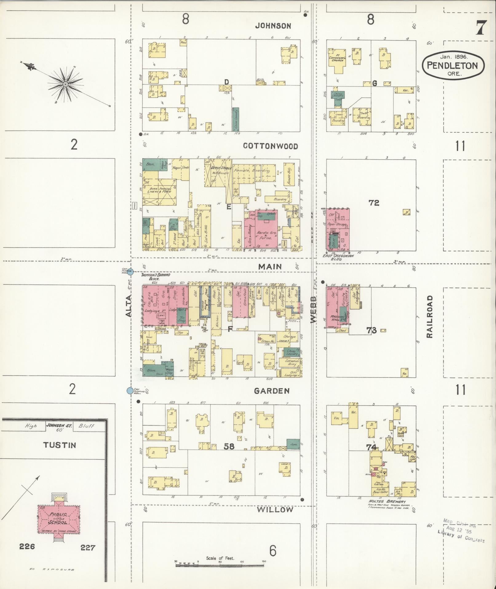 Sanborn Fire Insurance Map from Pendleton, Umatilla County, Oregon (1896), Sheet #0007 - Historic Sanborn Fire Insurance Map Print, vintage old map wall art, antique decor, genealogy gift, Oregon Oregon map