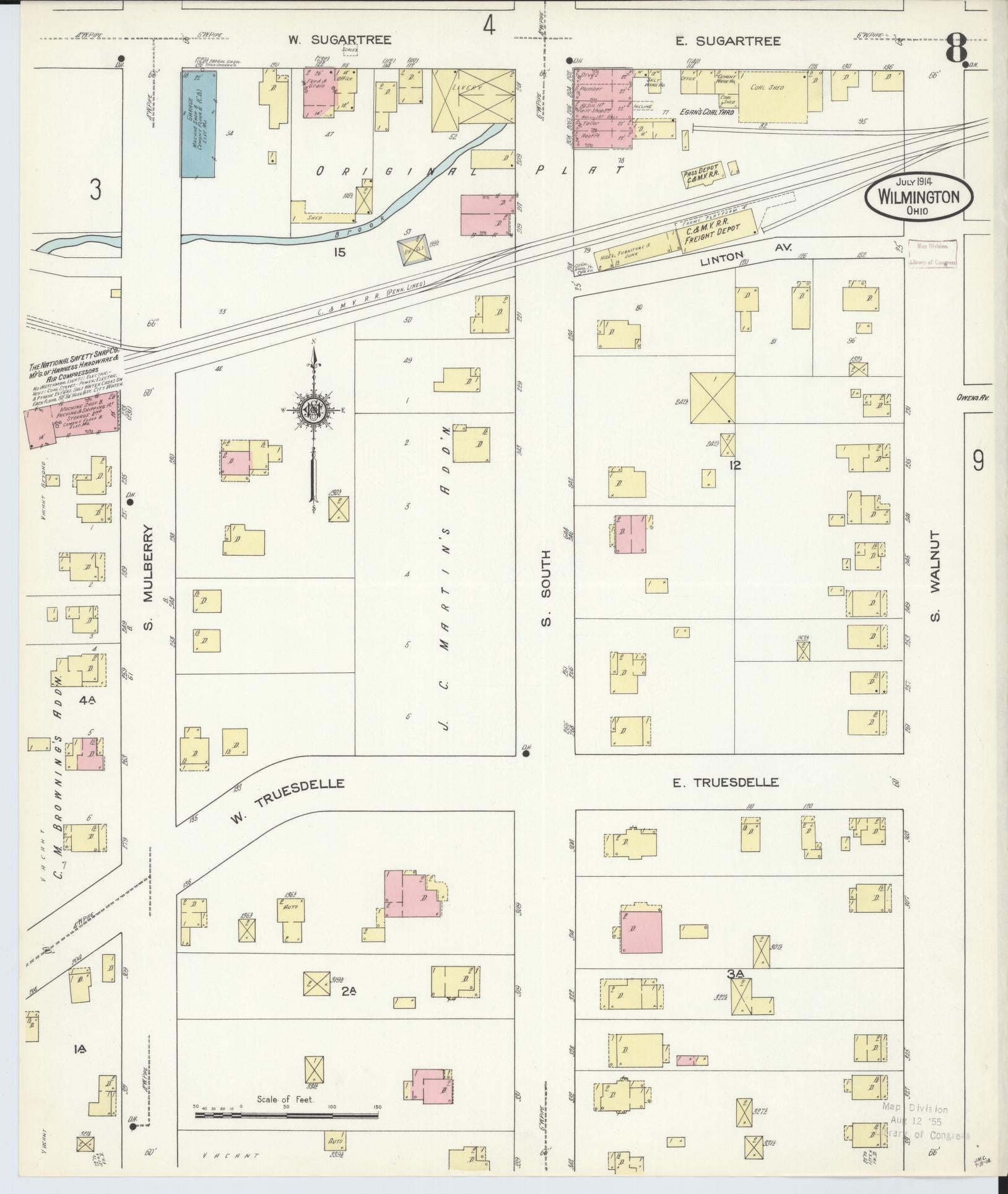Sanborn Fire Insurance Map from Wilmington, Clinton County, Ohio (1914), Sheet #0008 - Historic Sanborn Fire Insurance Map Print, vintage old map wall art, antique decor, genealogy gift, Ohio Ohio map