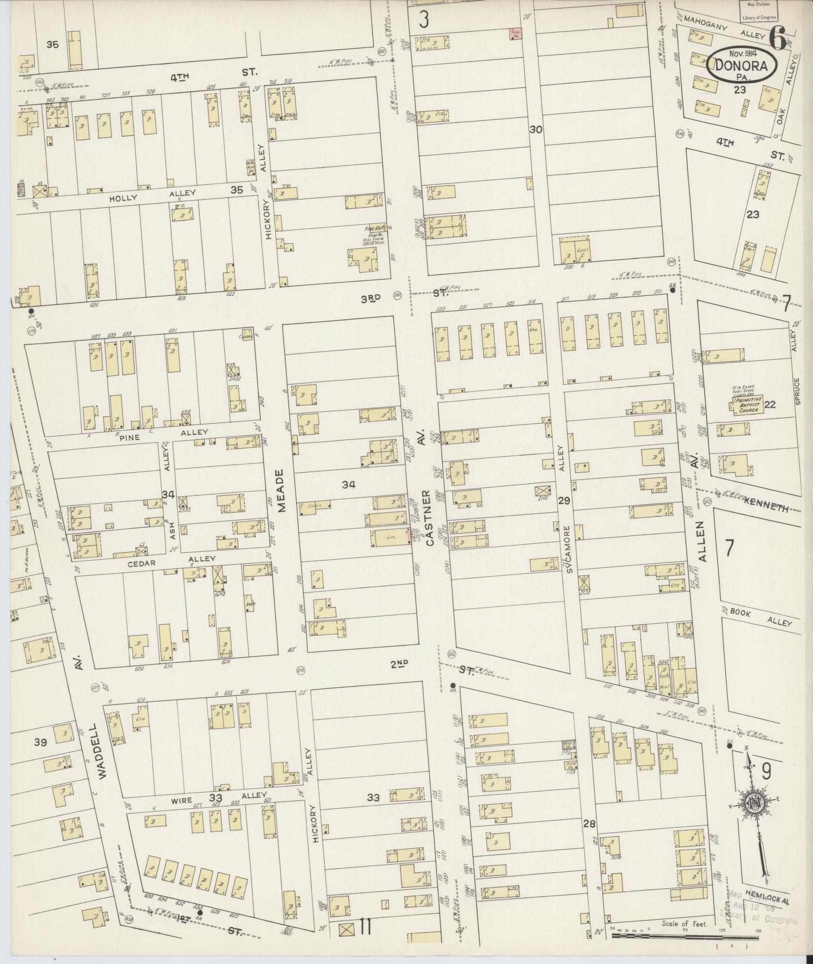 Sanborn Fire Insurance Map from Donora, Washington County, Pennsylvania (1914), Sheet #0006 - Historic Sanborn Fire Insurance Map Print, vintage old map wall art, antique decor, genealogy gift, Pennsylvania Pennsylvania map