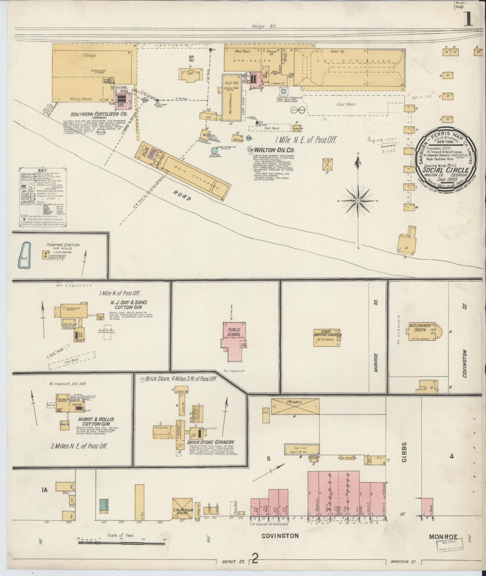 Sanborn Fire Insurance Map from Social Circle, Walton County, Georgia (1899), Sheet #0001 - Historic Sanborn Fire Insurance Map Print, vintage old map wall art, antique decor, genealogy gift, Georgia Georgia map