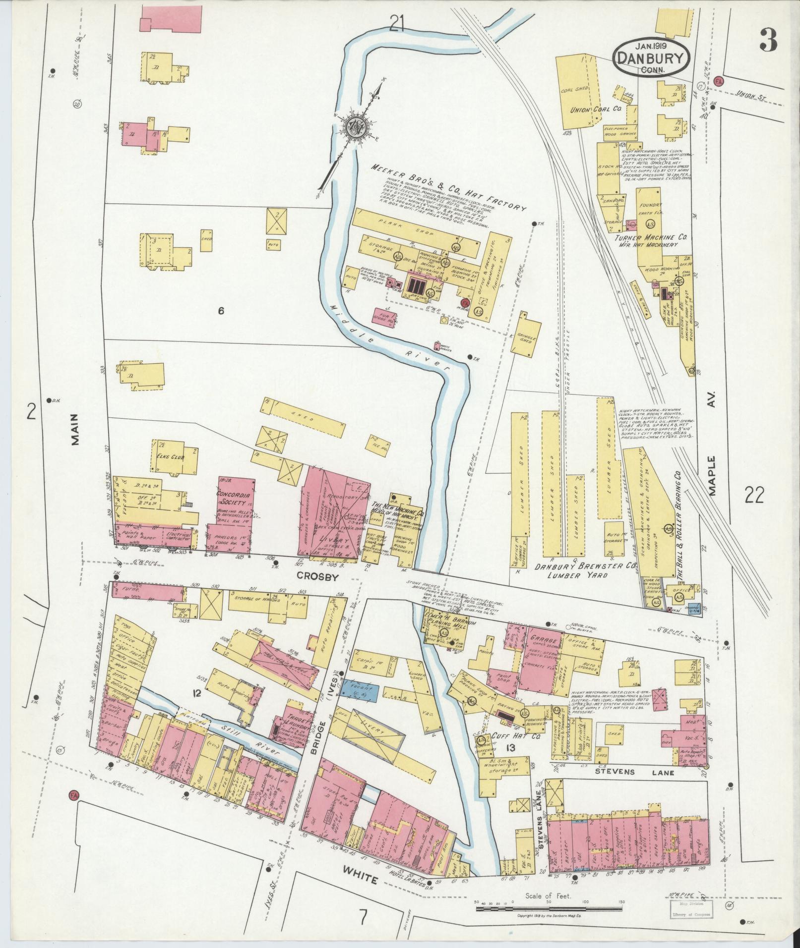 Sanborn Fire Insurance Map from Danbury, Fairfield County, Connecticut (1919), Sheet #0003 - Historic Sanborn Fire Insurance Map Print, vintage old map wall art, antique decor, genealogy gift, Connecticut Connecticut map