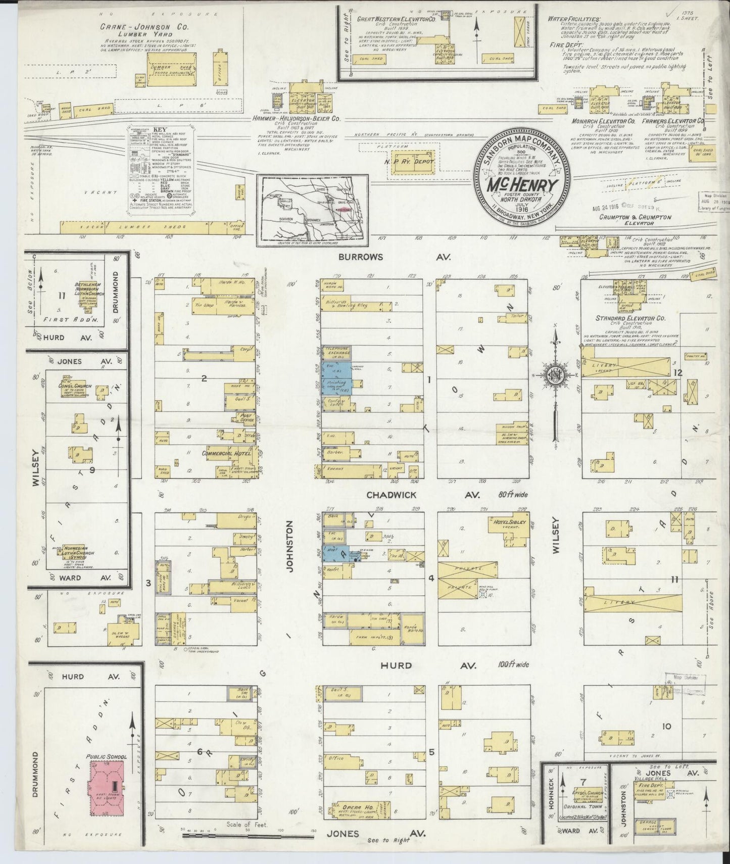 Sanborn Fire Insurance Map from McHenry, Foster County, North Dakota (1916), Sheet #0001 - Historic Sanborn Fire Insurance Map Print, vintage old map wall art, antique decor, genealogy gift, North Dakota North Dakota map
