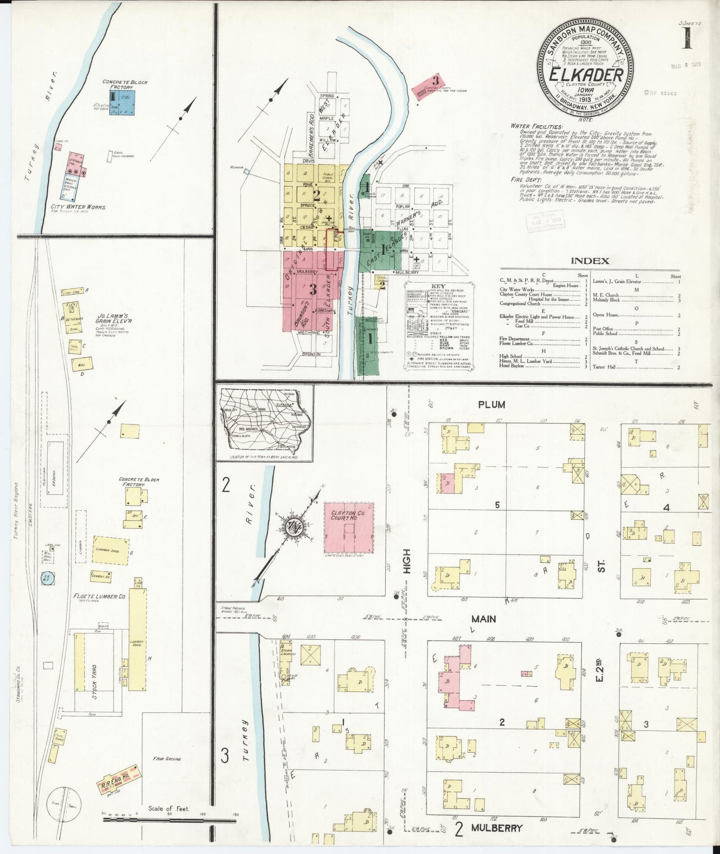 Sanborn Fire Insurance Map from Elkader, Clayton County, Iowa (1913), Sheet #0001 - Historic Sanborn Fire Insurance Map Print, vintage old map wall art