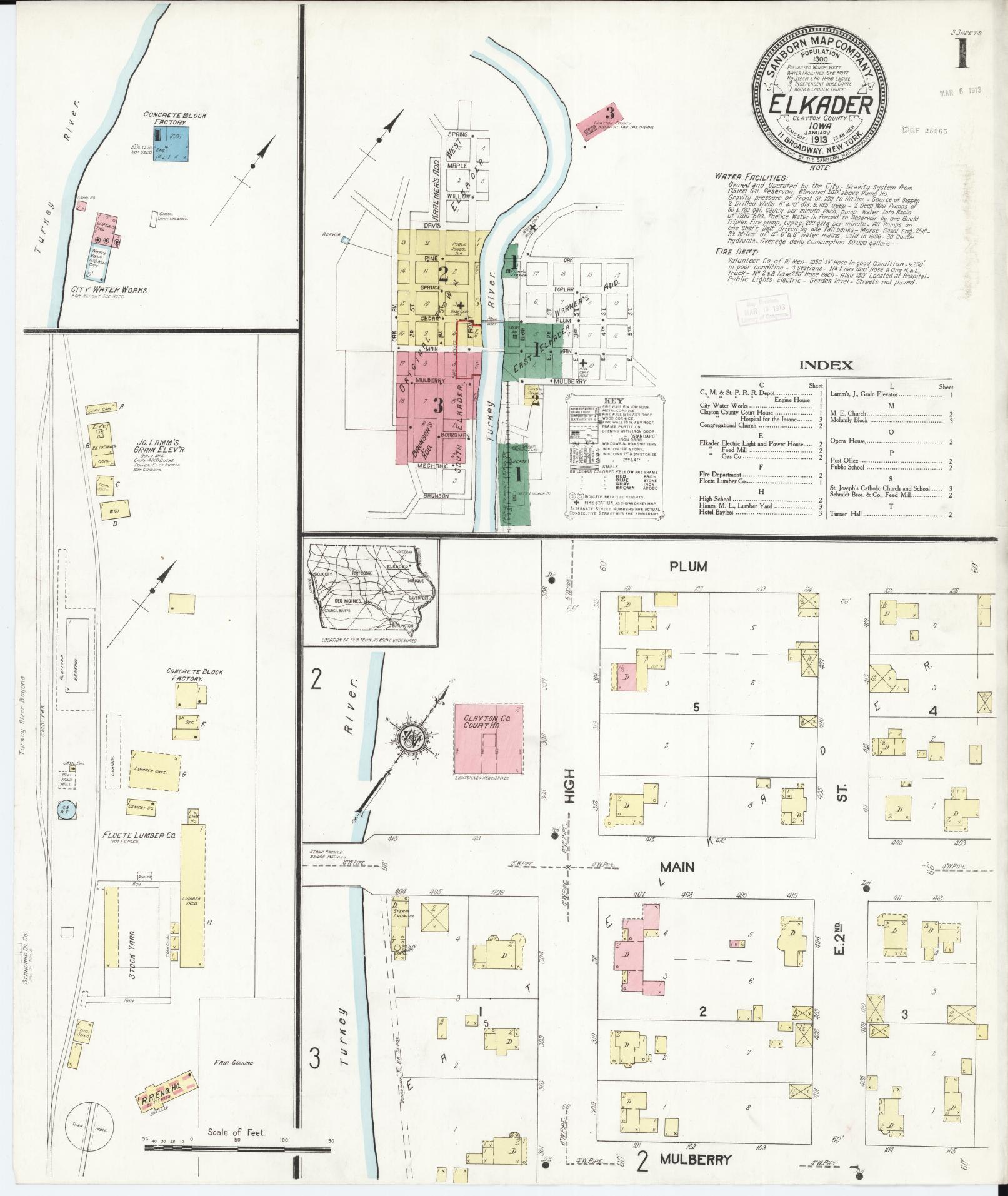 Sanborn Fire Insurance Map from Elkader, Clayton County, Iowa (1913), Sheet #0001 - Historic Sanborn Fire Insurance Map Print, vintage old map wall art