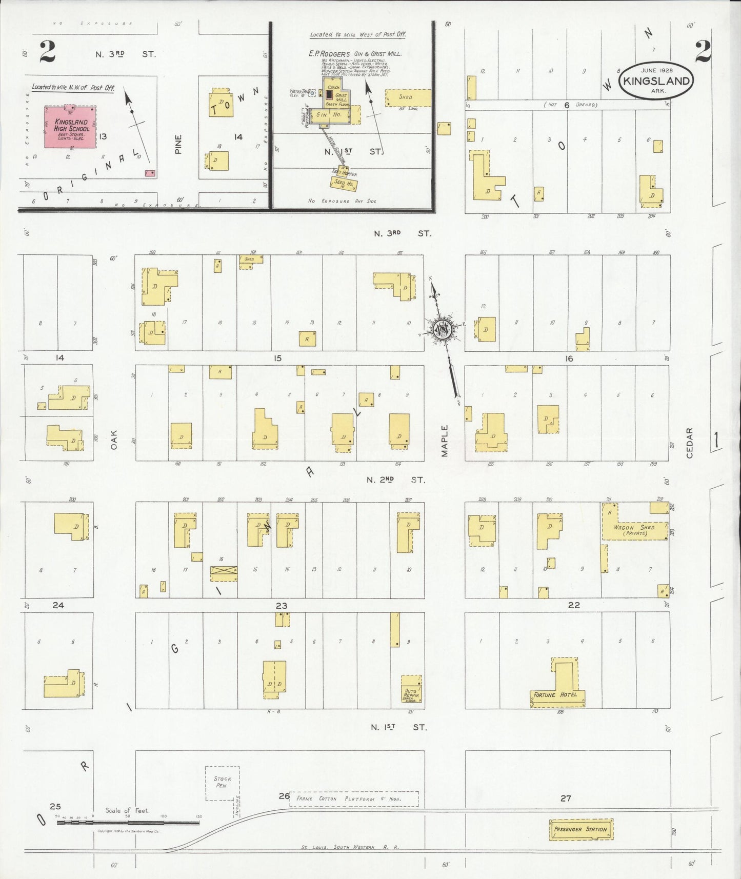Sanborn Fire Insurance Map from Kingsland, Cleveland County, Arkansas (1928), Sheet #0002 - Complete Map Set gallery image, historic Sanborn map, vintage wall art, Arkansas Arkansas