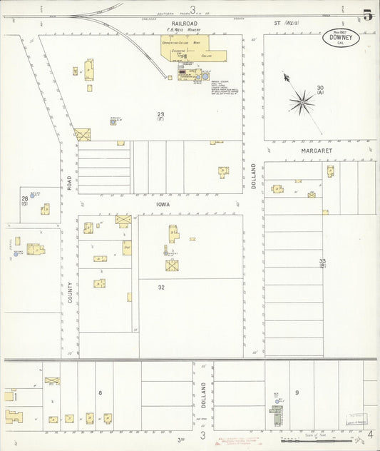 Sanborn Fire Insurance Map from Downey, Los Angeles County, California (1907), Sheet #0005 - Historic Sanborn Fire Insurance Map Print, vintage old map wall art, antique decor, genealogy gift, California California map