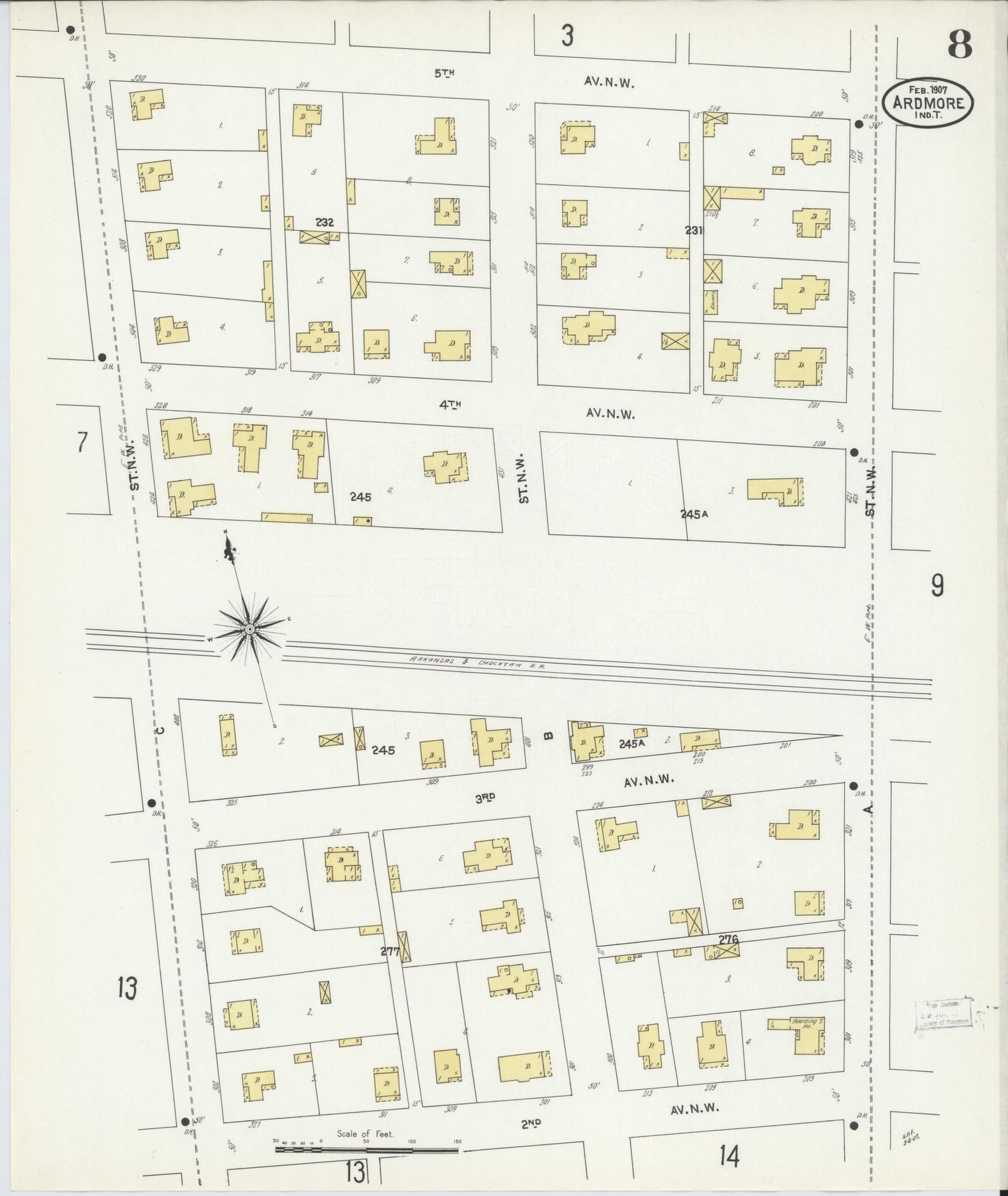 Sanborn Fire Insurance Map from Ardmore, Carter County, Oklahoma (1907), Sheet #0008 - Historic Sanborn Fire Insurance Map Print, vintage old map wall art, antique decor, genealogy gift, Oklahoma Oklahoma map