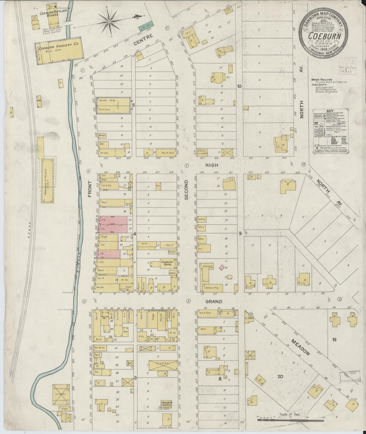 Sanborn Fire Insurance Map from Coeburn, Wise County, Virginia (1908), Sheet #0001 - Historic Sanborn Fire Insurance Map Print, vintage old map wall art, antique decor, genealogy gift, Virginia Virginia map