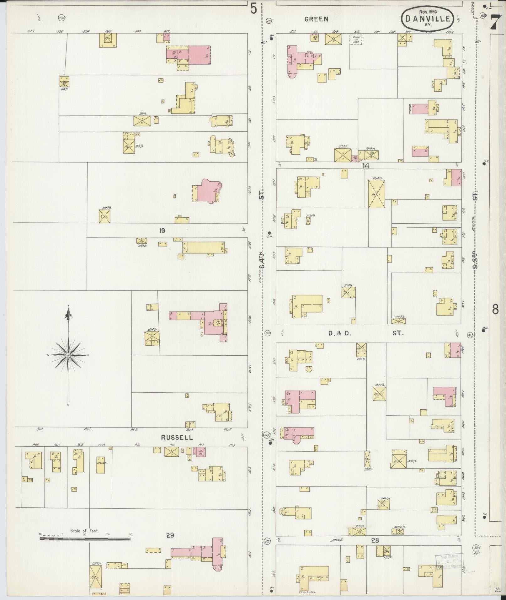 Sanborn Fire Insurance Map from Danville, Boyle County, Kentucky (1896), Sheet #0007 - Complete Map Set gallery image, historic Sanborn map, vintage wall art, Kentucky Kentucky
