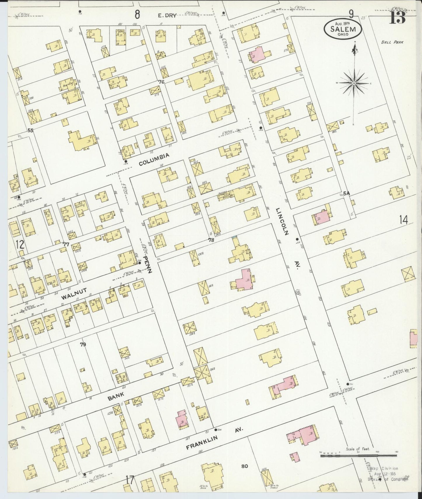 Sanborn Fire Insurance Map from Salem, Columbiana County, Ohio (1909), Sheet #0013 - Historic Sanborn Fire Insurance Map Print, vintage old map wall art, antique decor, genealogy gift, Ohio Ohio map
