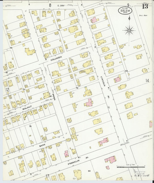 Sanborn Fire Insurance Map from Salem, Columbiana County, Ohio (1909), Sheet #0013 - Historic Sanborn Fire Insurance Map Print, vintage old map wall art, antique decor, genealogy gift, Ohio Ohio map