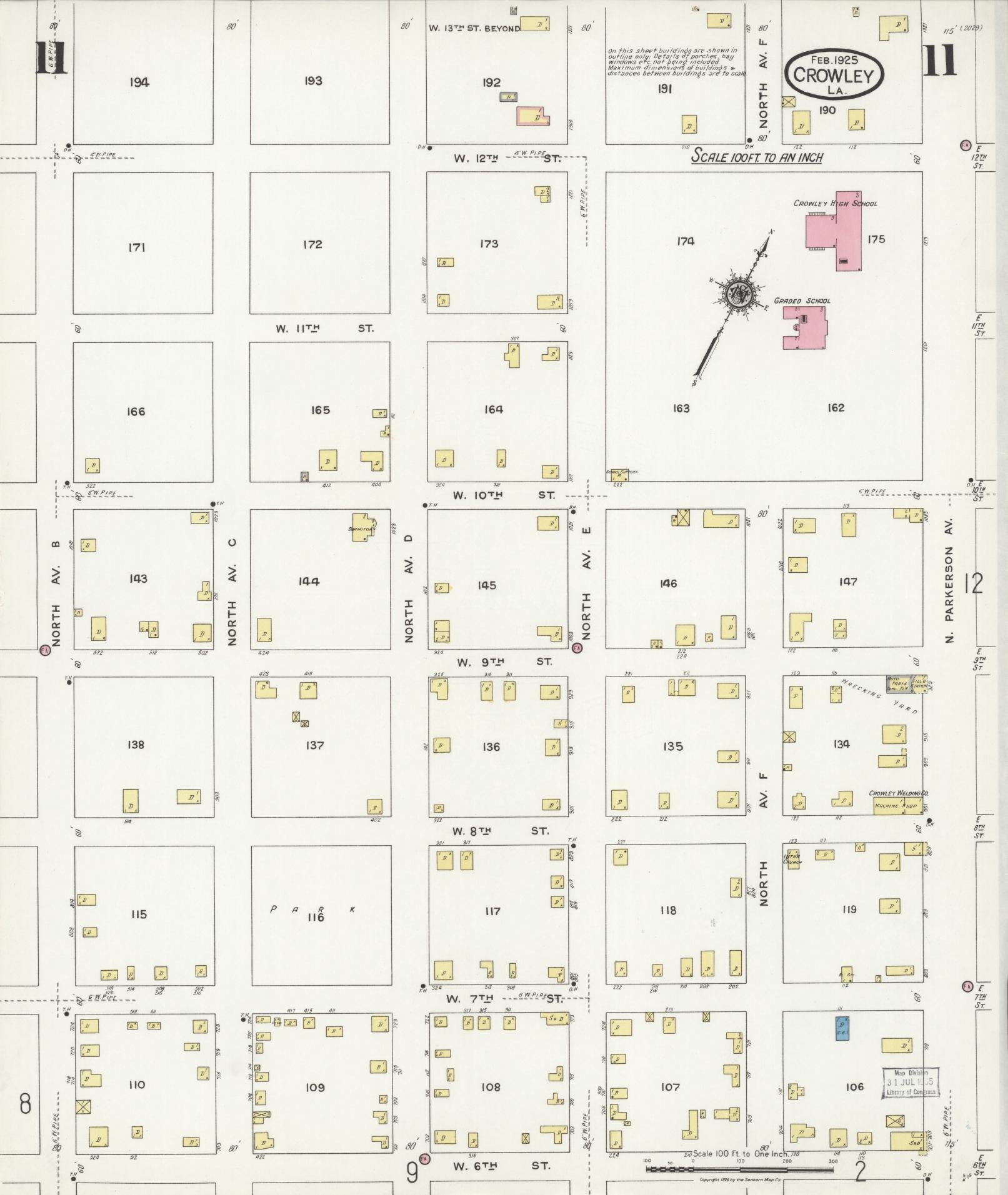 Sanborn Fire Insurance Map from Crowley, Acadia Parish, Louisiana (1925), Sheet #0011 - Historic Sanborn Fire Insurance Map Print, vintage old map wall art, antique decor, genealogy gift, Louisiana Louisiana map