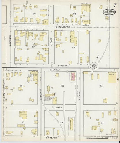 Sanborn Fire Insurance Map from Sherman, Grayson County, Texas (1892), Sheet #0007 - Complete Map Set gallery image, historic Sanborn map, vintage wall art, Texas Texas