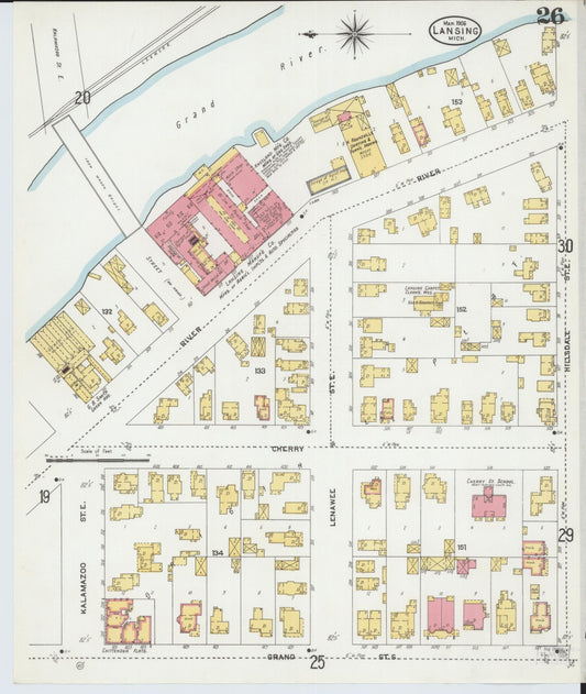 Sanborn Fire Insurance Map from Lansing, Ingham County, Michigan (1906), Sheet #0026 - Historic Sanborn Fire Insurance Map Print, vintage old map wall art, antique decor, genealogy gift, Michigan Michigan map