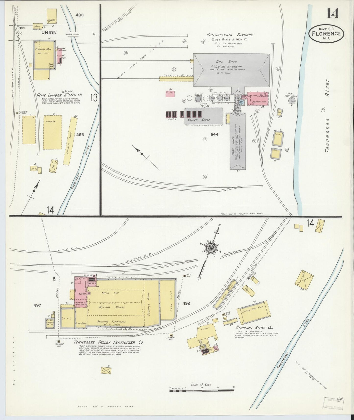 Sanborn Fire Insurance Map from Florence, Lauderdale County, Alabama (1910), Sheet #0014 - Complete Map Set gallery image, historic Sanborn map, vintage wall art, Alabama Alabama