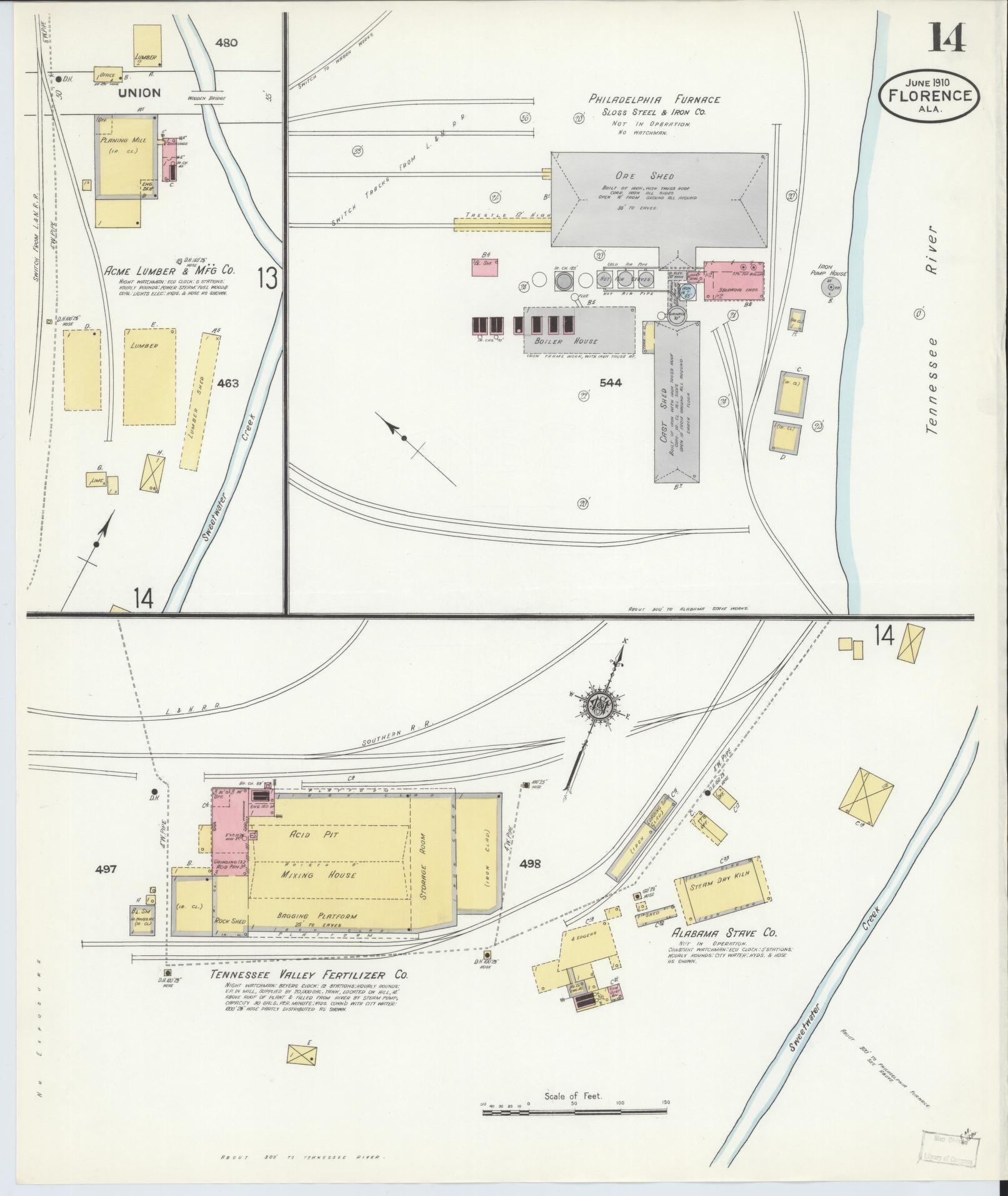 Sanborn Fire Insurance Map from Florence, Lauderdale County, Alabama (1910), Sheet #0014 - Complete Map Set gallery image, historic Sanborn map, vintage wall art, Alabama Alabama