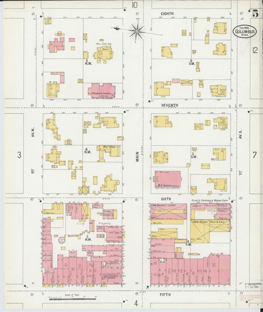 Sanborn Fire Insurance Map from Columbus, Lowndes County, Mississippi (1900), Sheet #0005 - Historic Sanborn Fire Insurance Map Print, vintage old map wall art, antique decor, genealogy gift, Mississippi Mississippi map