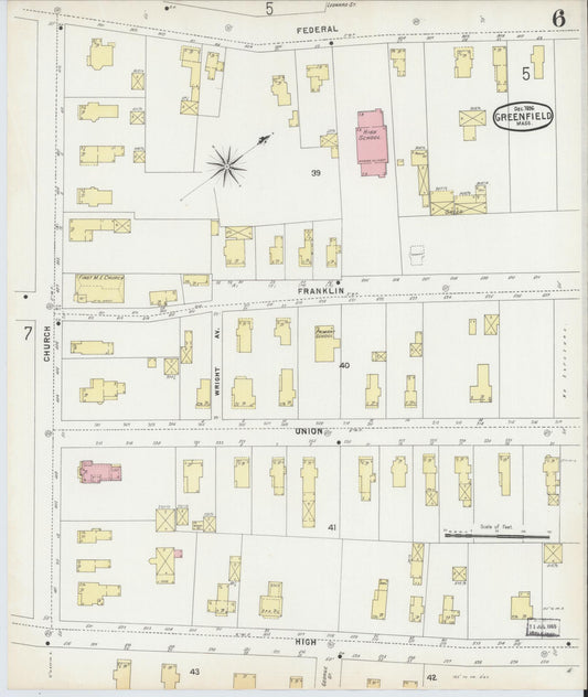 Sanborn Fire Insurance Map from Greenfield, Franklin County, Massachusetts (1896), Sheet #0006 - Historic Sanborn Fire Insurance Map Print, vintage old map wall art, antique decor, genealogy gift, Massachusetts Massachusetts map