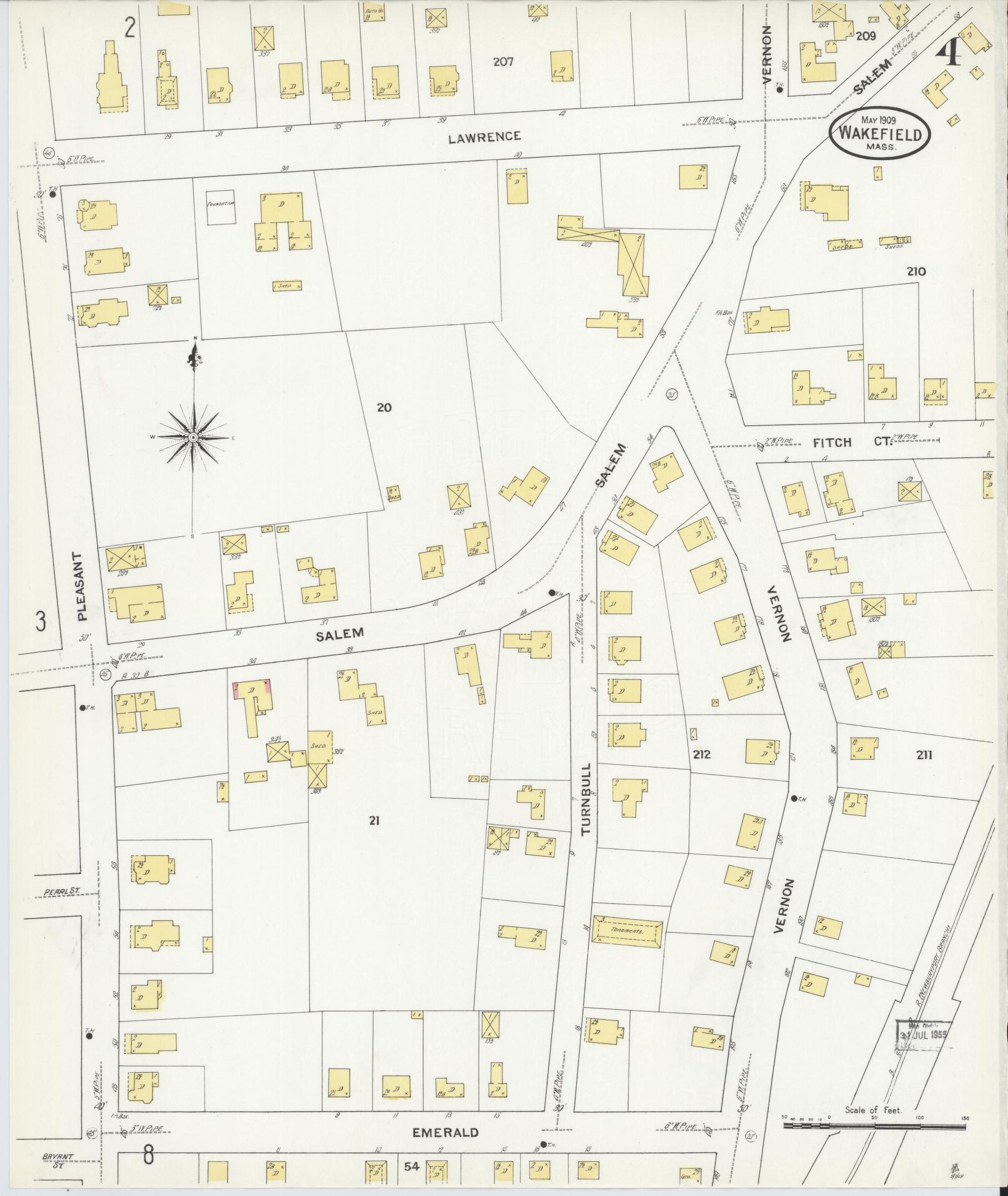 Sanborn Fire Insurance Map from Wakefield, Middlesex County, Massachusetts (1909), Sheet #0004 - Historic Sanborn Fire Insurance Map Print, vintage old map wall art, antique decor, genealogy gift, Massachusetts Massachusetts map