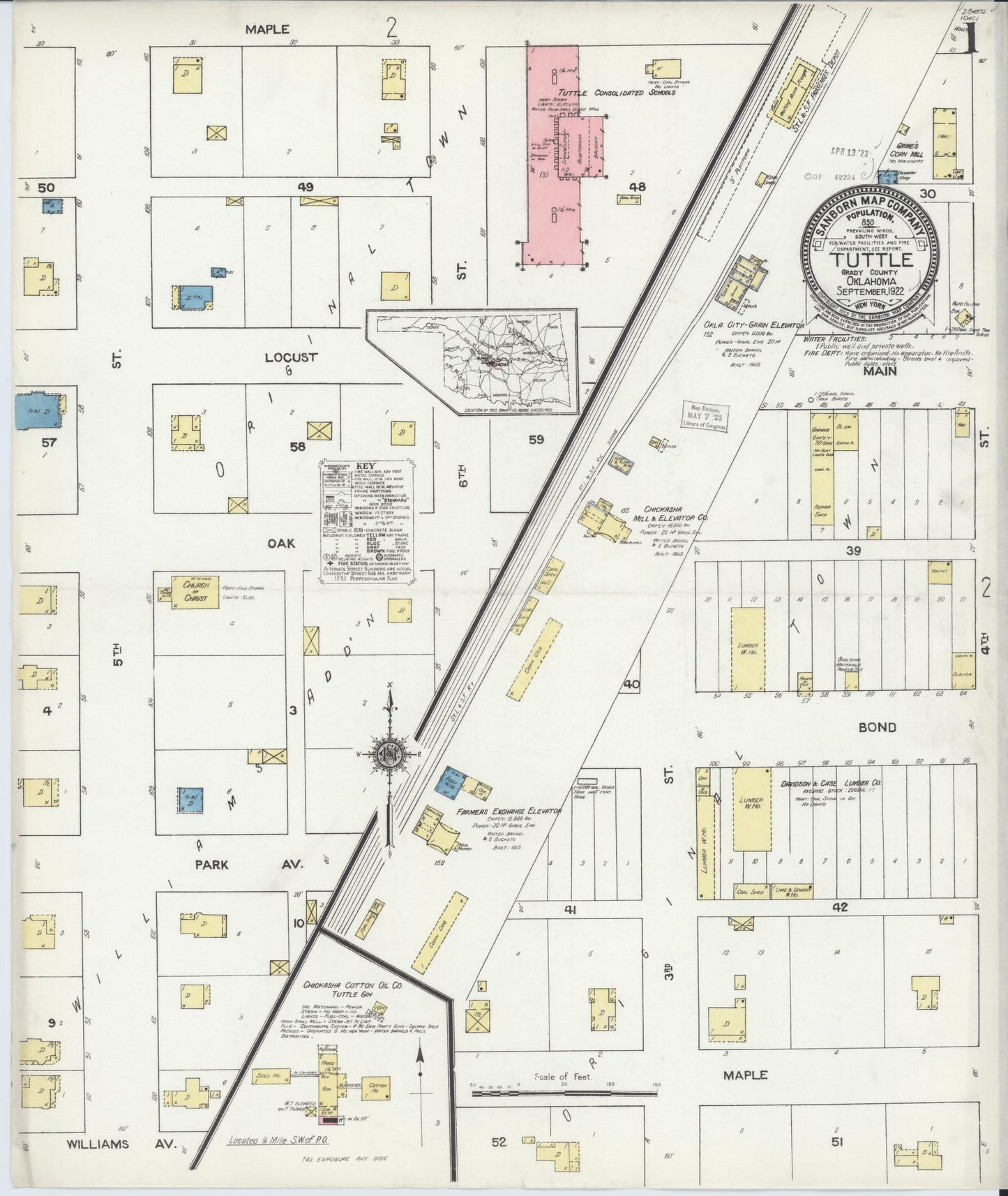 Sanborn Fire Insurance Map from Tuttle, Grady County, Oklahoma (1922), Sheet #0001 - Complete Map Set gallery image, historic Sanborn map, vintage wall art, Oklahoma Oklahoma