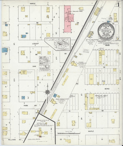 Sanborn Fire Insurance Map from Tuttle, Grady County, Oklahoma (1922), Sheet #0001 - Complete Map Set gallery image, historic Sanborn map, vintage wall art, Oklahoma Oklahoma