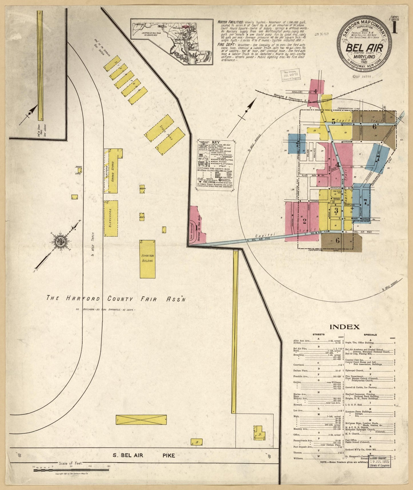 Sanborn Fire Insurance Map from Bel Air, Harford County, Maryland (1921), Sheet #0001 - Historic Sanborn Fire Insurance Map Print, vintage old map wall art, antique decor, genealogy gift, Maryland Maryland map