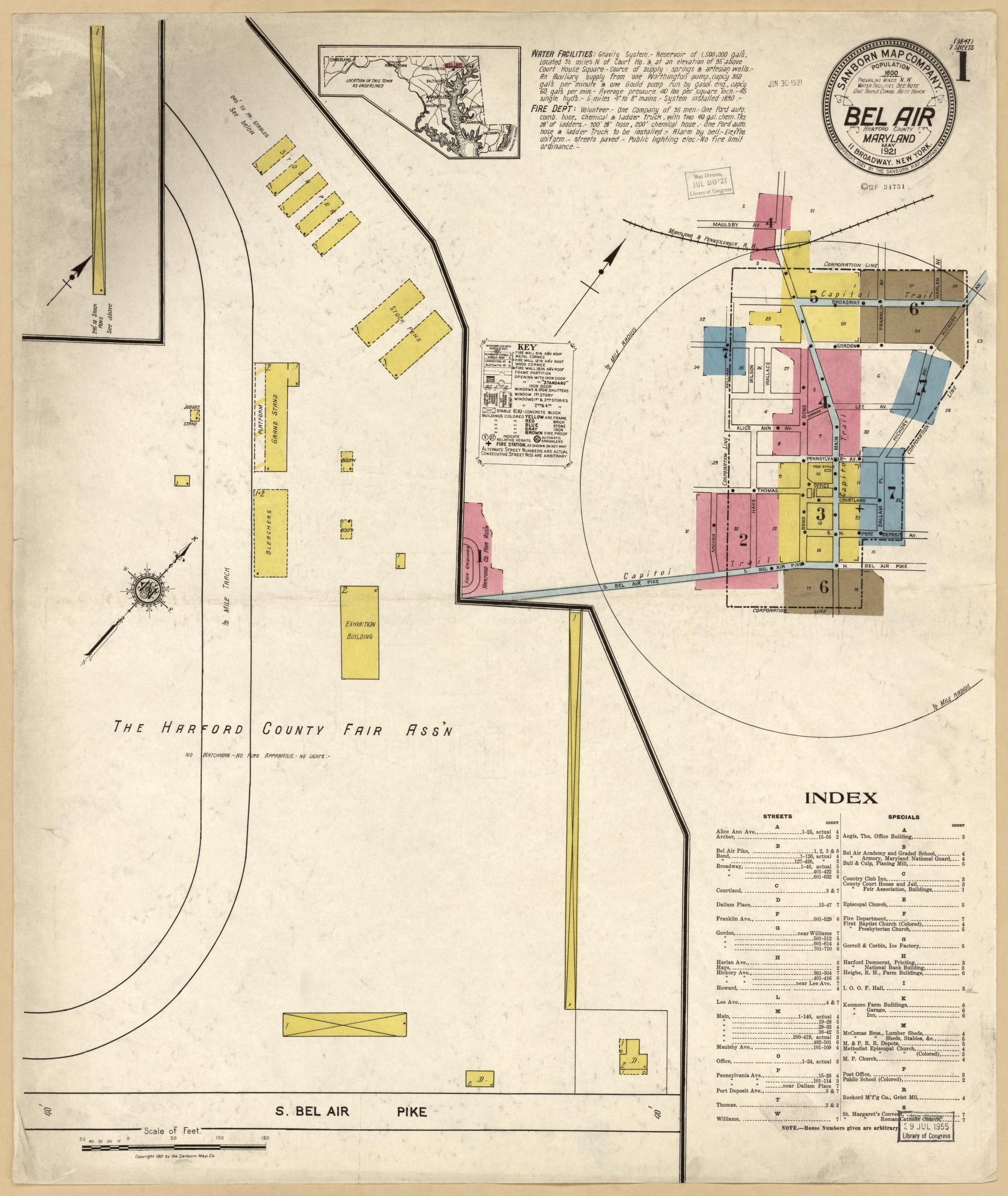 Sanborn Fire Insurance Map from Bel Air, Harford County, Maryland (1921), Sheet #0001 - Historic Sanborn Fire Insurance Map Print, vintage old map wall art, antique decor, genealogy gift, Maryland Maryland map