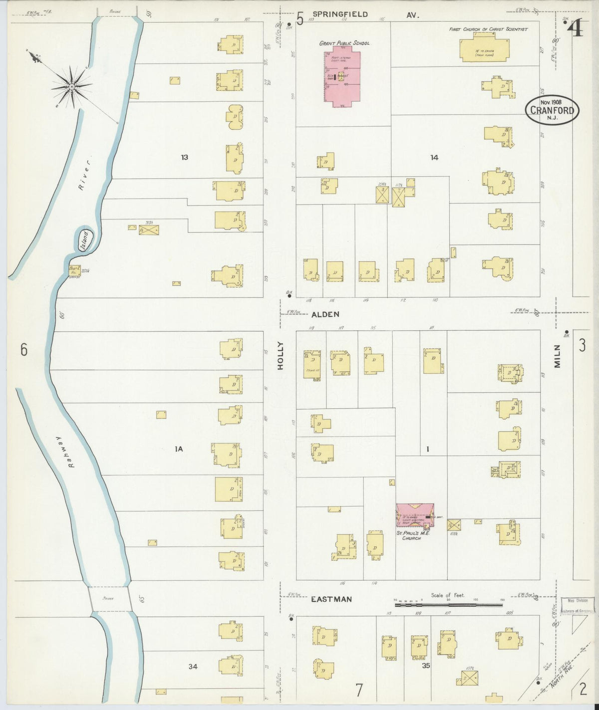 Sanborn Fire Insurance Map from Cranford, Union County, New Jersey (1908), Sheet #0004 - Historic Sanborn Fire Insurance Map Print, vintage old map wall art, antique decor, genealogy gift, New Jersey New Jersey map