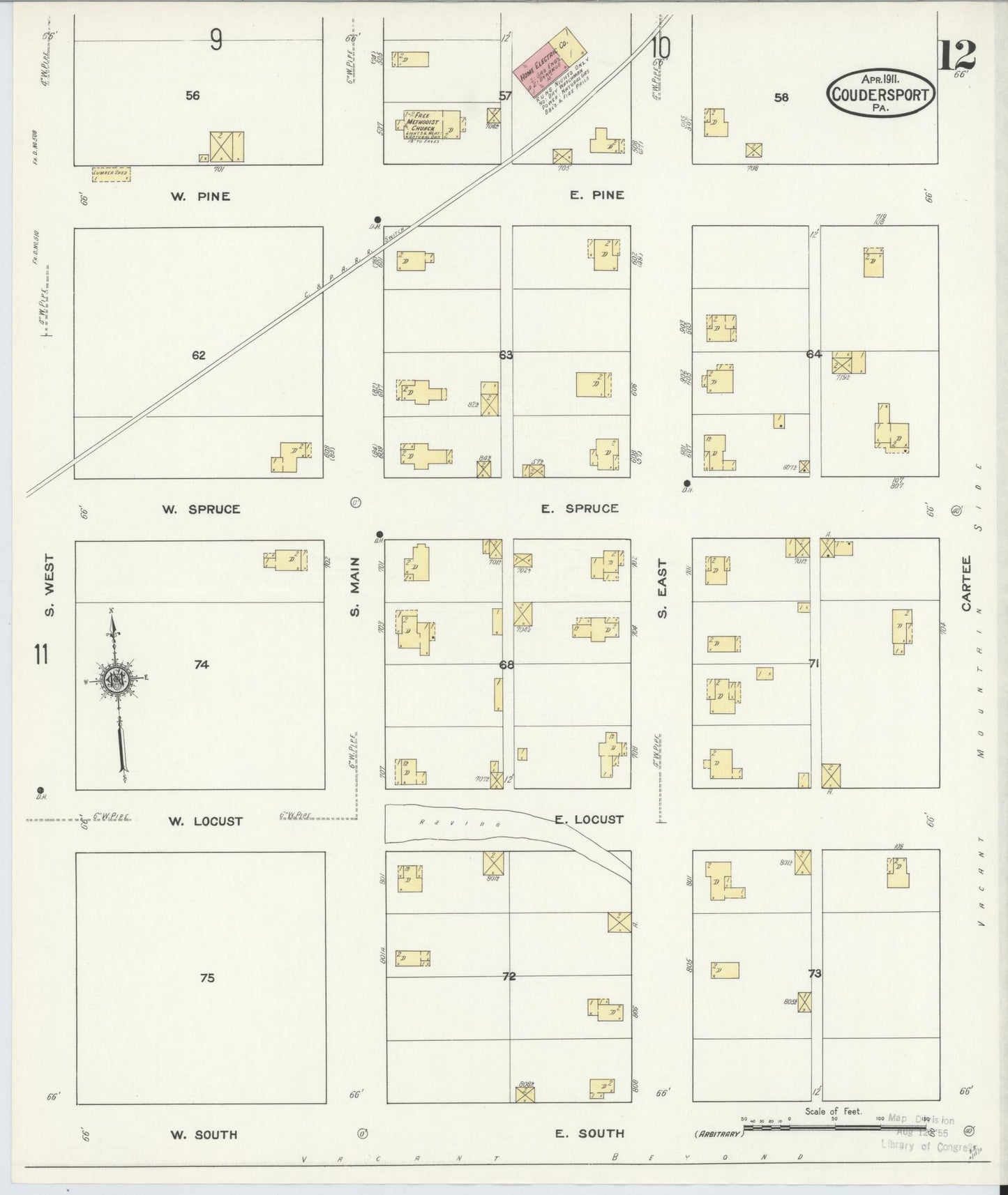 Sanborn Fire Insurance Map from Coudersport, Potter County, Pennsylvania (1911), Sheet #0012 - Historic Sanborn Fire Insurance Map Print, vintage old map wall art, antique decor, genealogy gift, Pennsylvania Pennsylvania map