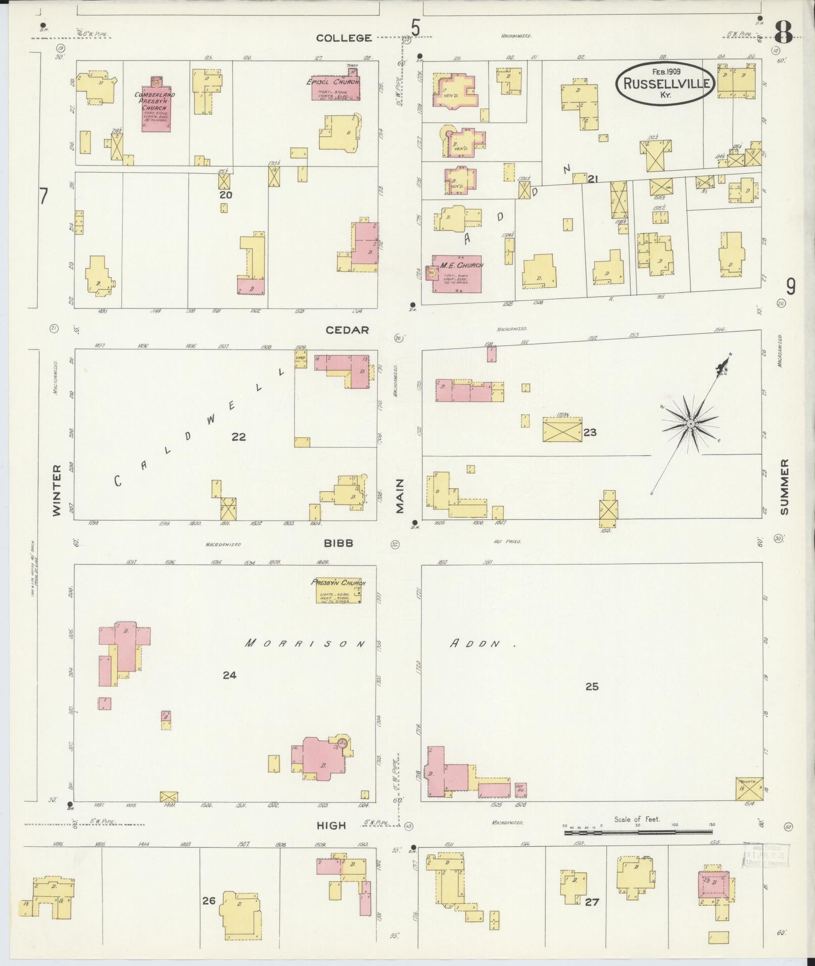 Sanborn Fire Insurance Map from Russellville, Logan County, Kentucky (1909), Sheet #0008 - Complete Map Set gallery image, historic Sanborn map, vintage wall art, Kentucky Kentucky
