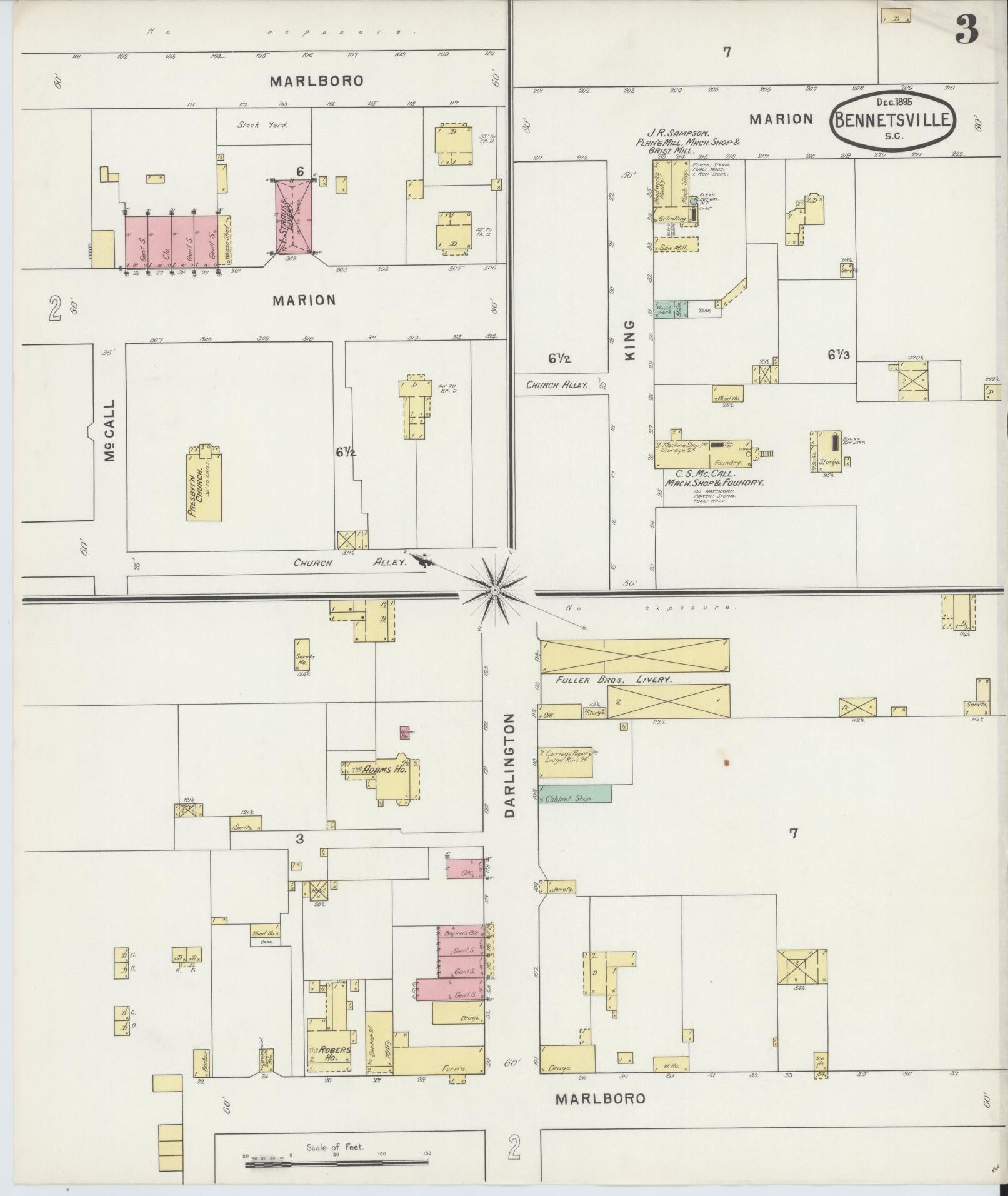 Sanborn Fire Insurance Map from Bennettsville, Marlboro County, South Carolina (1895), Sheet #0003 - Complete Map Set gallery image, historic Sanborn map, vintage wall art, South Carolina South Carolina