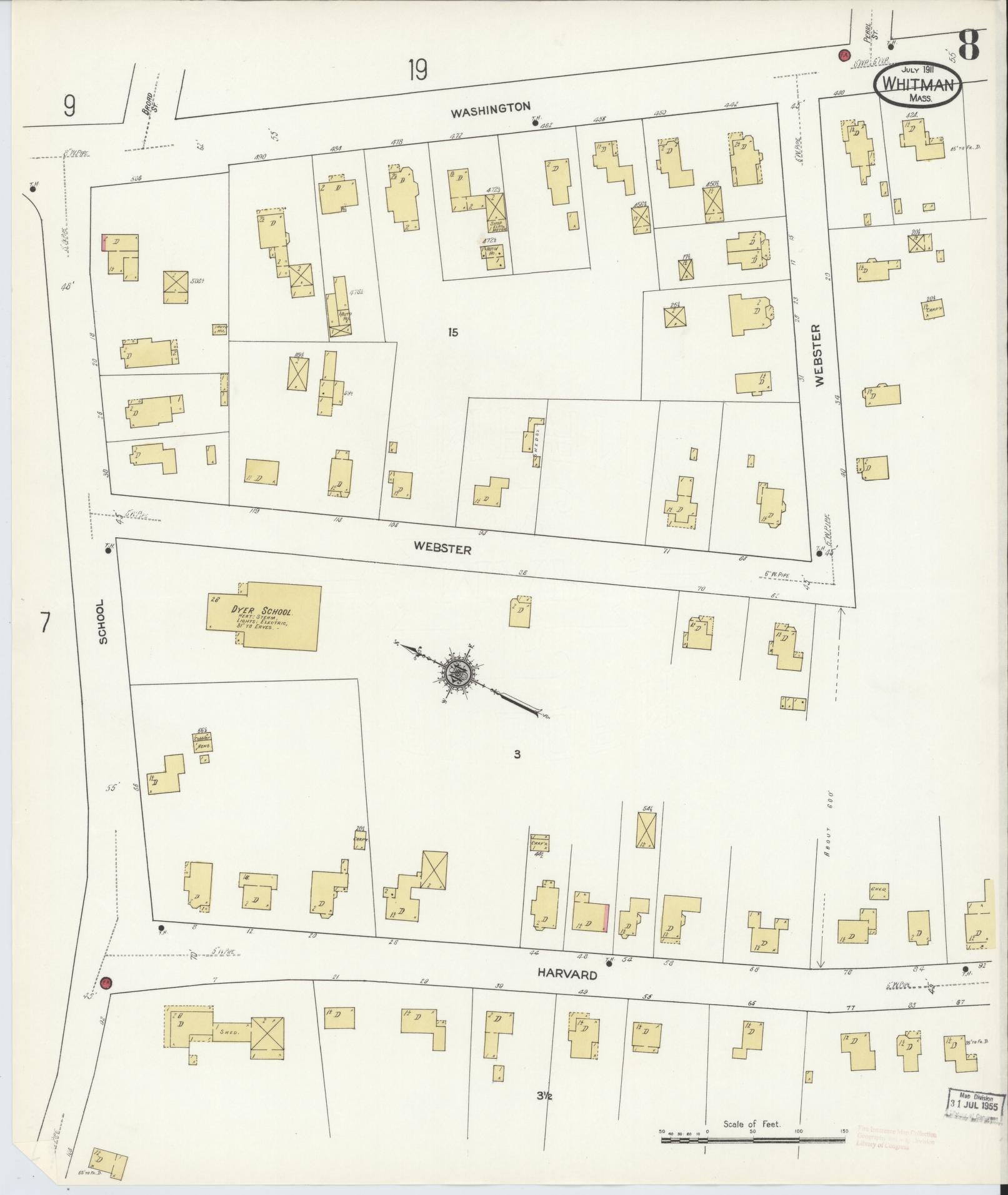 Sanborn Fire Insurance Map from Whitman, Plymouth County, Massachusetts (1911), Sheet #0008 - Complete Map Set gallery image, historic Sanborn map, vintage wall art, Massachusetts Massachusetts