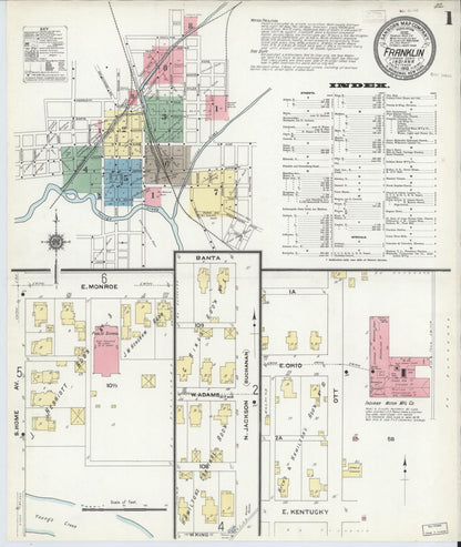 Sanborn Fire Insurance Map from Franklin, Johnson County, Indiana (1910), Sheet #0001 - Historic Sanborn Fire Insurance Map Print, vintage old map wall art, antique decor, genealogy gift, Indiana Indiana map