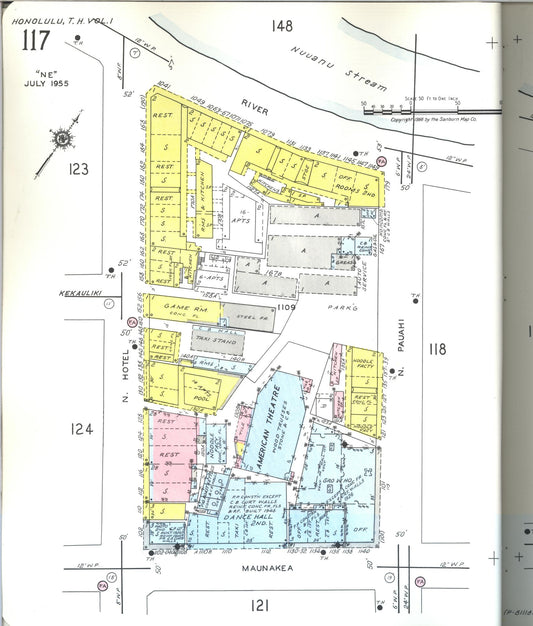 Sanborn Fire Insurance Map from Honolulu, Oahu County, Hawaii (1955), Sheet #0117 - Historic Sanborn Fire Insurance Map Print, vintage old map wall art