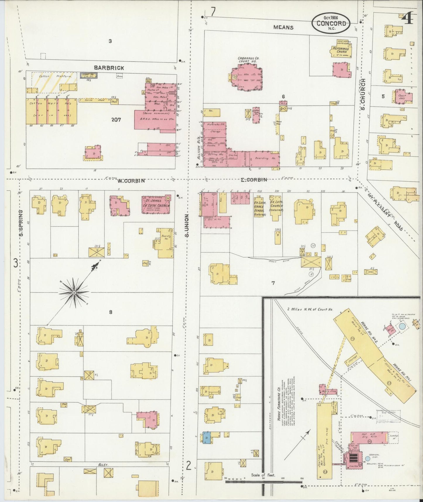 Sanborn Fire Insurance Map from Concord, Cabarrus County, North Carolina (1906), Sheet #0004 - Complete Map Set gallery image, historic Sanborn map, vintage wall art, North Carolina North Carolina