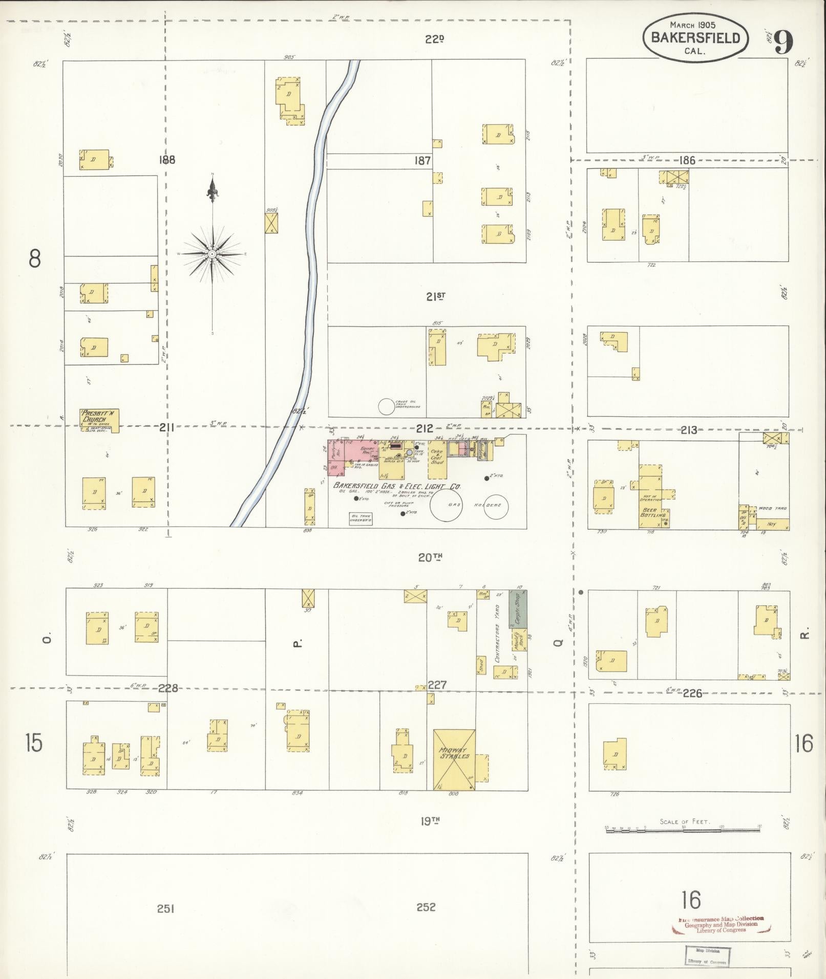 Sanborn Fire Insurance Map from Bakersfield, Kern County, California (1905), Sheet #0009 - Historic Sanborn Fire Insurance Map Print, vintage old map wall art, antique decor, genealogy gift, California California map