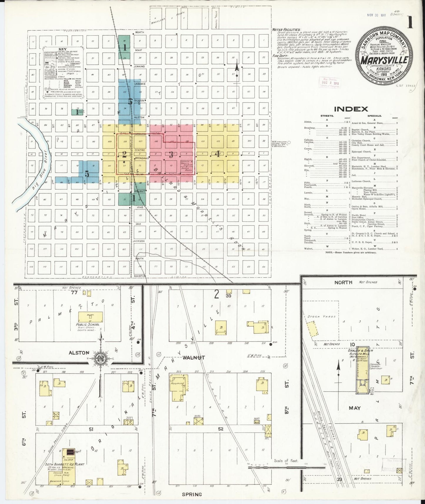 Sanborn Fire Insurance Map from Marysville, Marshall County, Kansas (1911), Sheet #0001 - Historic Sanborn Fire Insurance Map Print, vintage old map wall art, antique decor, genealogy gift, Kansas Kansas map