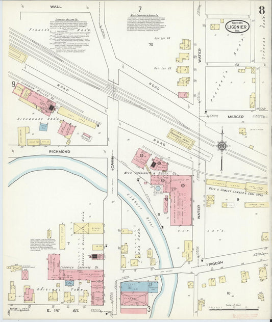 Sanborn Fire Insurance Map from Ligonier, Noble County, Indiana (1914), Sheet #0008 - Historic Sanborn Fire Insurance Map Print, vintage old map wall art, antique decor, genealogy gift, Indiana Indiana map
