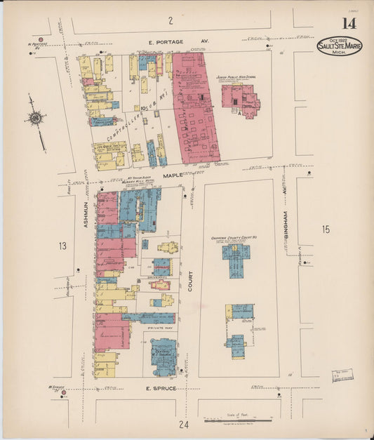 Sanborn Fire Insurance Map from Sault Sainte Marie, Chippewa County, Michigan (1922), Sheet #0014 - Historic Sanborn Fire Insurance Map Print, vintage old map wall art, antique decor, genealogy gift, Michigan Michigan map