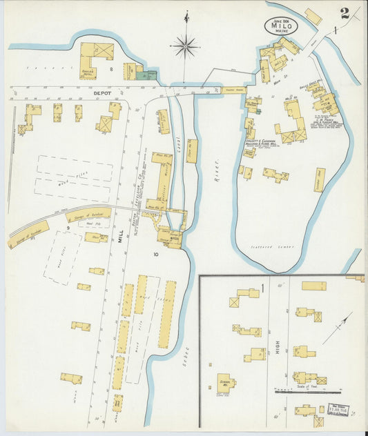 Sanborn Fire Insurance Map from Milo, Piscataquis County, Maine (1906), Sheet #0002 - Historic Sanborn Fire Insurance Map Print, vintage old map wall art, antique decor, genealogy gift, Maine Maine map