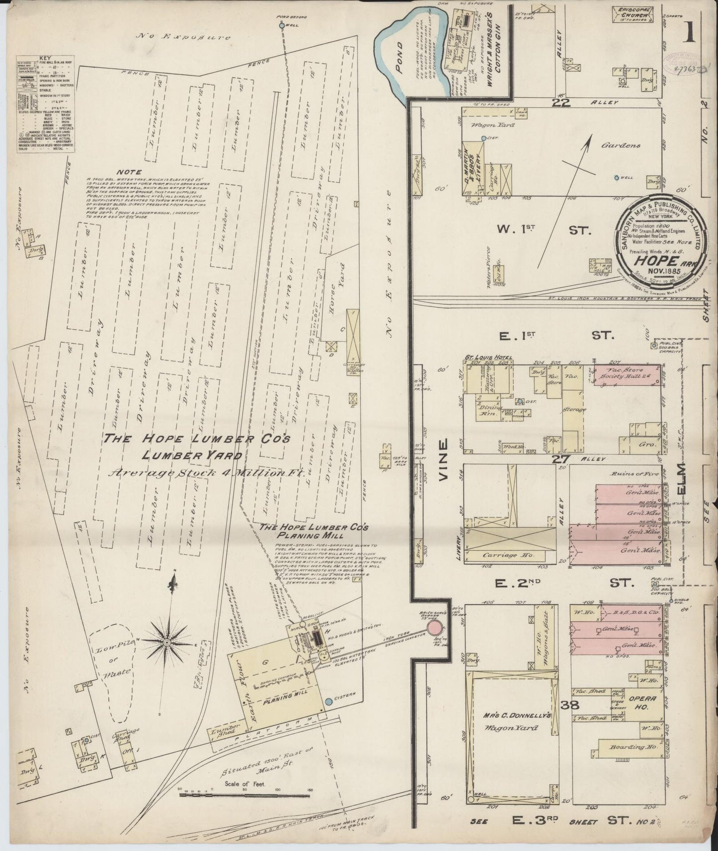 Sanborn Fire Insurance Map from Hope, Hempstead County, Arkansas (1885), Sheet #0001 - Historic Sanborn Fire Insurance Map Print, vintage old map wall art, antique decor, genealogy gift, Arkansas Arkansas map