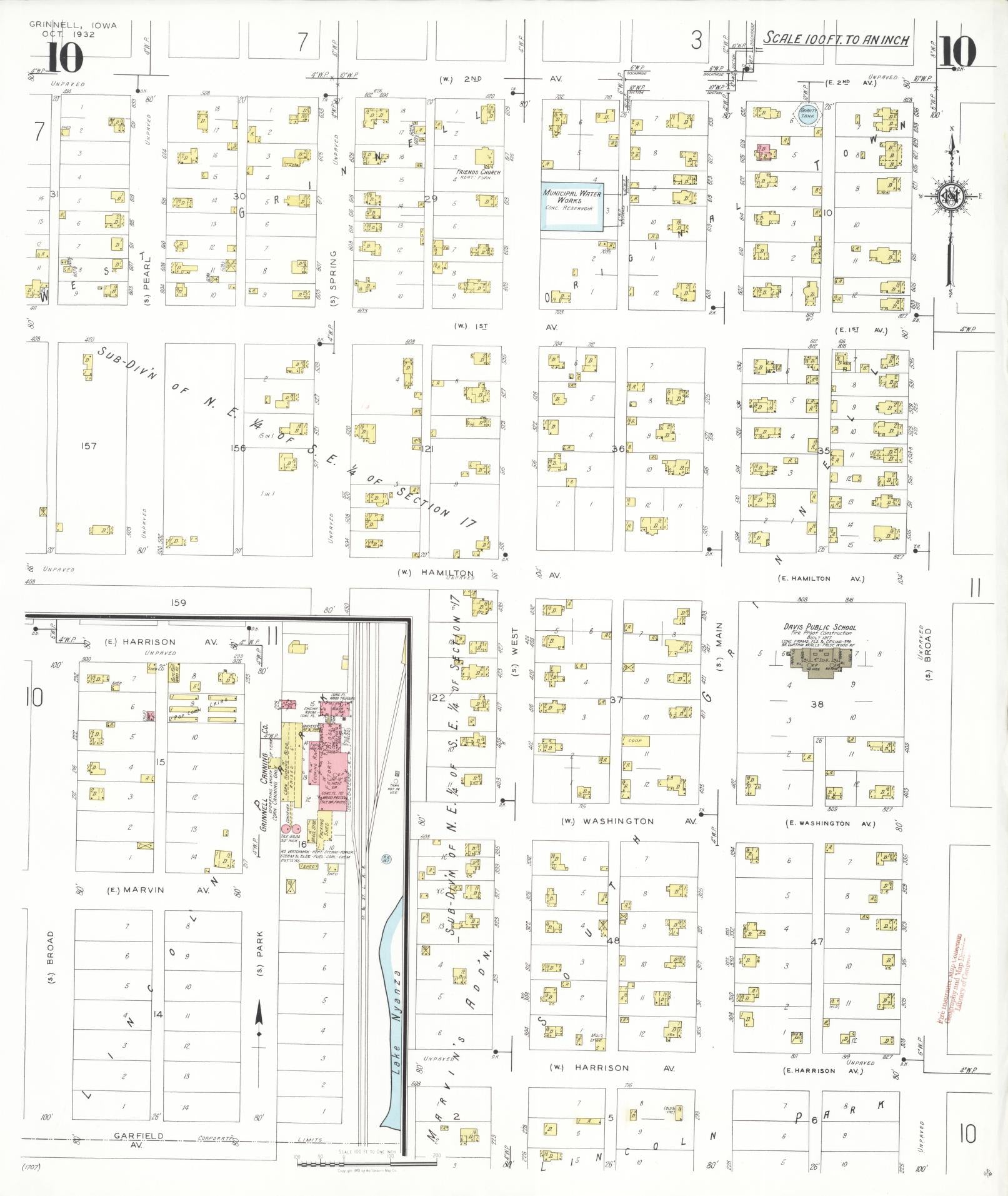 Sanborn Fire Insurance Map from Grinnell, Poweshiek County, Iowa (1932), Sheet #0010 - Historic Sanborn Fire Insurance Map Print, vintage old map wall art