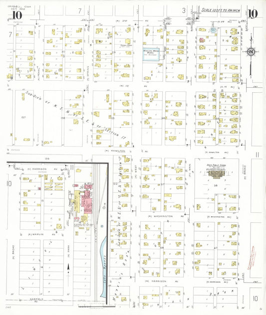 Sanborn Fire Insurance Map from Grinnell, Poweshiek County, Iowa (1932), Sheet #0010 - Historic Sanborn Fire Insurance Map Print, vintage old map wall art