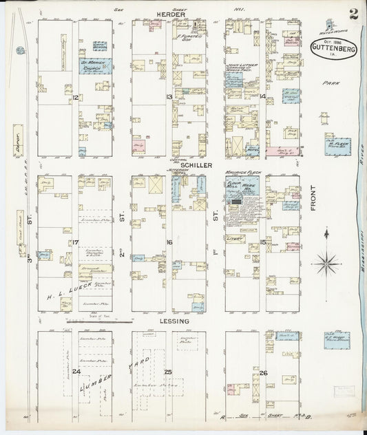 Sanborn Fire Insurance Map from Guttenberg, Clayton County, Iowa (1886), Sheet #0002 - Historic Sanborn Fire Insurance Map Print, vintage old map wall art